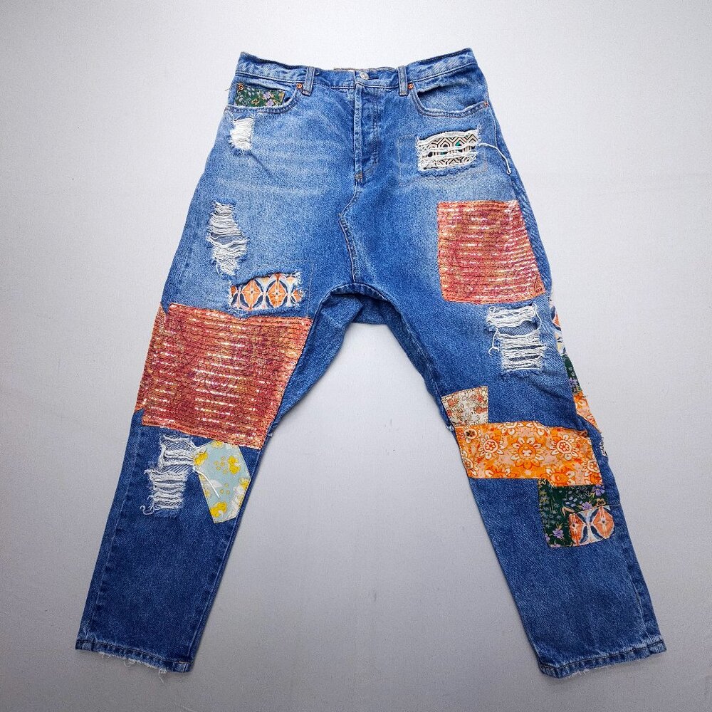 Free People High Rise Patchwork Jeans - Blue and Multicolor - Picture 4 of 14